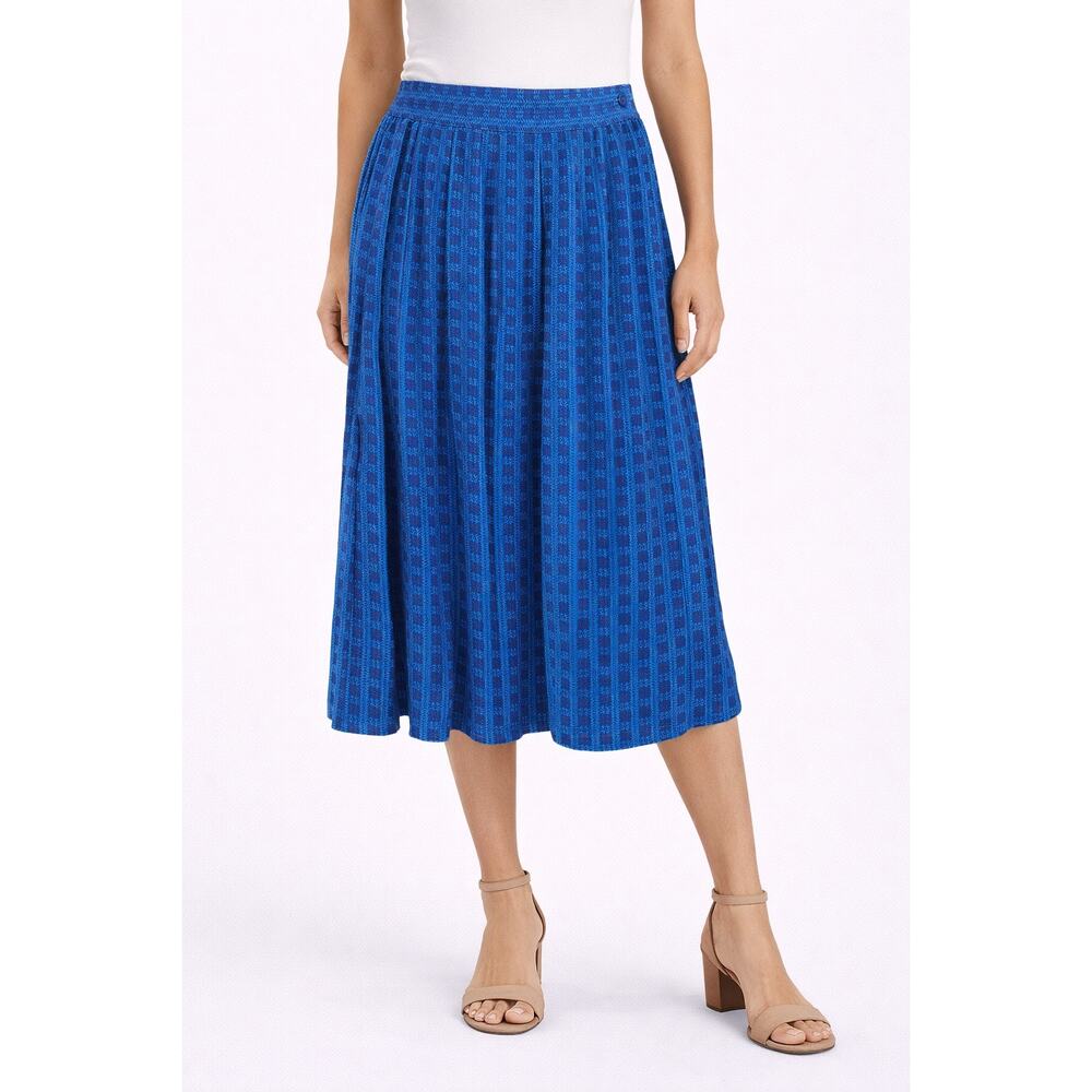 LIZ CLAIBORNE COLLECTION 100% Silk Blue Pleated Midi Skirt Geometric Print | 12